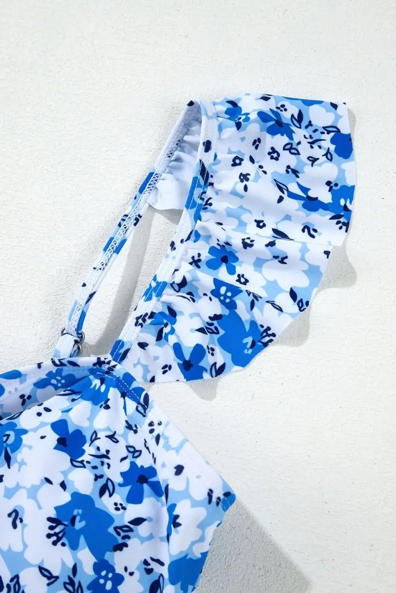 Blue Bohemian Floral Ruffled Lace-Up One-Piece Swimsuit - Love Salve